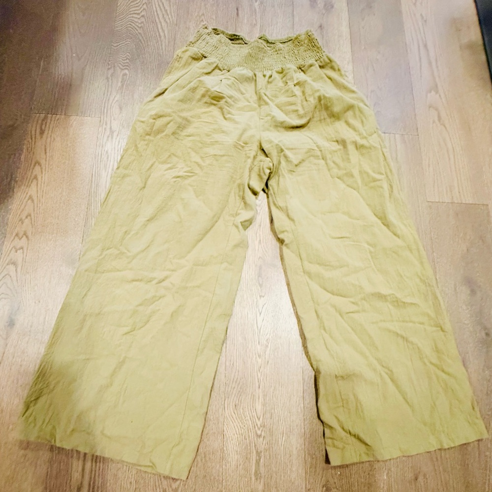 Wide Leg Smocked Waist Linen Pants in Light Olive Green